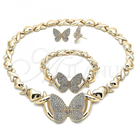 Oro Laminado Necklace, Bracelet and Earring, Gold Filled Style Hugs and Kisses and Butterfly Design, with White Crystal, Polished, Golden Finish, 06.372.0033