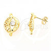 Oro Laminado Stud Earring, Gold Filled Style Greek Key and Evil Eye Design, with White Crystal, Polished, Golden Finish, 02.59.0032 *PROMO*