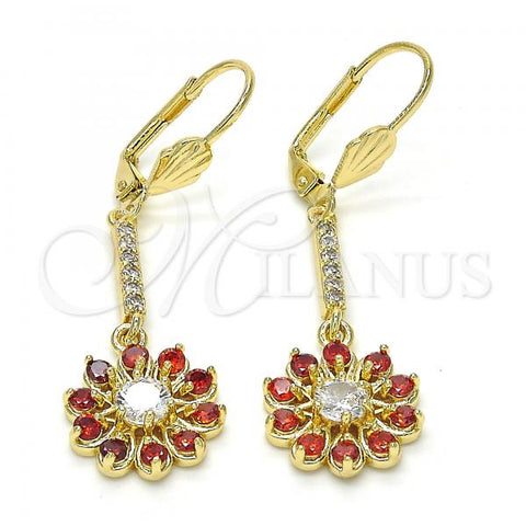 Oro Laminado Long Earring, Gold Filled Style Flower Design, with Garnet and White Cubic Zirconia, Polished, Golden Finish, 02.210.0197.1