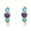 Oro Laminado Huggie Hoop, Gold Filled Style with Aqua Blue and Amethyst Cubic Zirconia, Polished, Golden Finish, 02.210.0490.2.15