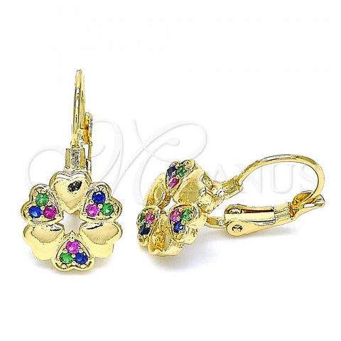 Oro Laminado Leverback Earring, Gold Filled Style Flower and Heart Design, with Multicolor Micro Pave, Polished, Golden Finish, 02.210.0382.3