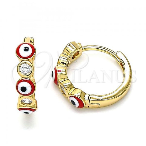 Oro Laminado Huggie Hoop, Gold Filled Style Evil Eye Design, with White Cubic Zirconia, Red Enamel Finish, Golden Finish, 02.213.0196.2.15