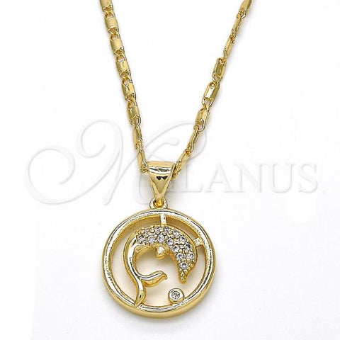 Oro Laminado Pendant Necklace, Gold Filled Style Dolphin Design, with White Cubic Zirconia, Polished, Golden Finish, 04.156.0155.20