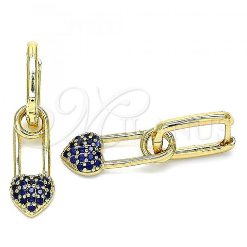 Oro Laminado Huggie Hoop, Gold Filled Style Paperclip and Heart Design, with Sapphire Blue Cubic Zirconia, Polished, Golden Finish, 02.210.0488.2.12