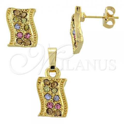 Oro Laminado Earring and Pendant Adult Set, Gold Filled Style with Multicolor Crystal, Polished, Golden Finish, 10.164.0023.1
