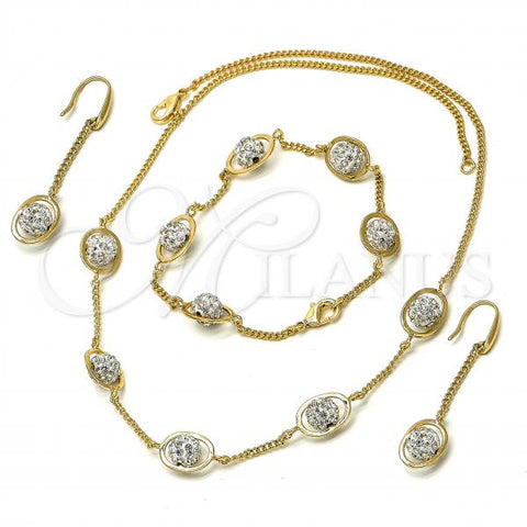 Oro Laminado Necklace, Bracelet and Earring, Gold Filled Style Ball Design, with White Crystal, Golden Finish, 06.59.0090