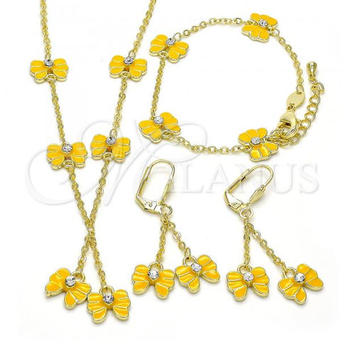 Oro Laminado Earring and Pendant Children Set, Gold Filled Style Butterfly Design, with White Crystal, Yellow Enamel Finish, Golden Finish, 06.60.0004.2