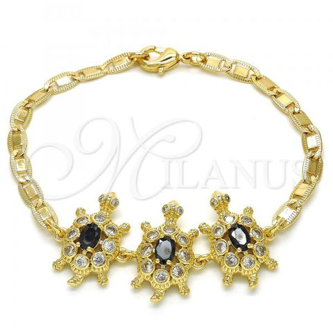 Oro Laminado Fancy Bracelet, Gold Filled Style Turtle Design, with Black and White Cubic Zirconia, Polished, Golden Finish, 03.63.1987.5.08