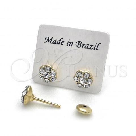 Oro Laminado Stud Earring, Gold Filled Style Flower Design, with White Crystal, White Enamel Finish, Golden Finish, 02.02.0506