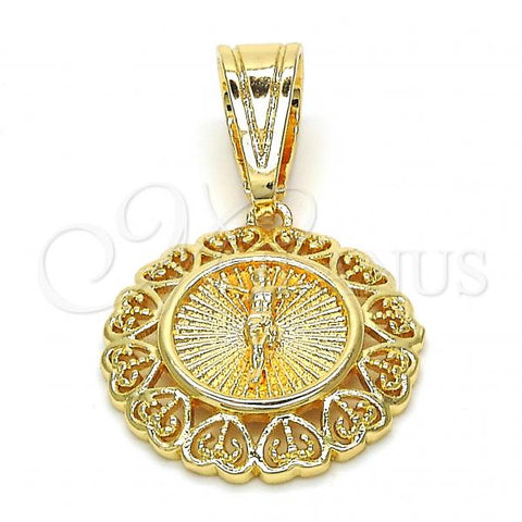 Oro Laminado Religious Pendant, Gold Filled Style Jesus and Heart Design, Polished, Golden Finish, 05.120.0077