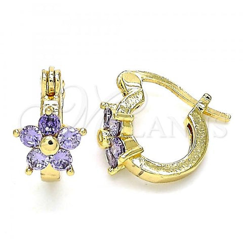 Oro Laminado Small Hoop, Gold Filled Style Flower Design, with Amethyst Cubic Zirconia, Polished, Golden Finish, 02.210.0502.3.10