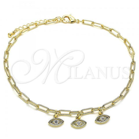 Oro Laminado Charm Anklet , Gold Filled Style and Paperclip with White Cubic Zirconia, Polished, Golden Finish, 03.63.2168.10