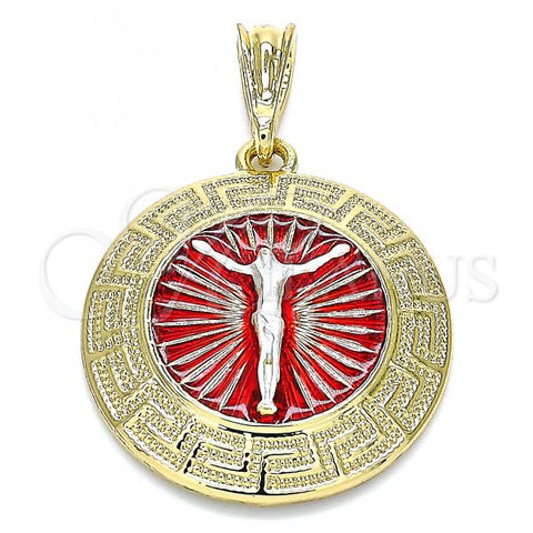 Oro Laminado Religious Pendant, Gold Filled Style Jesus and Greek Key Design, Polished, Tricolor, 05.380.0040