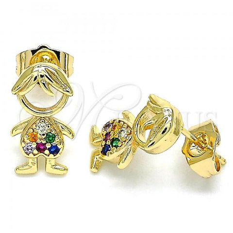 Oro Laminado Stud Earring, Gold Filled Style Little Boy Design, with Multicolor Micro Pave, Polished, Golden Finish, 02.210.0385.1