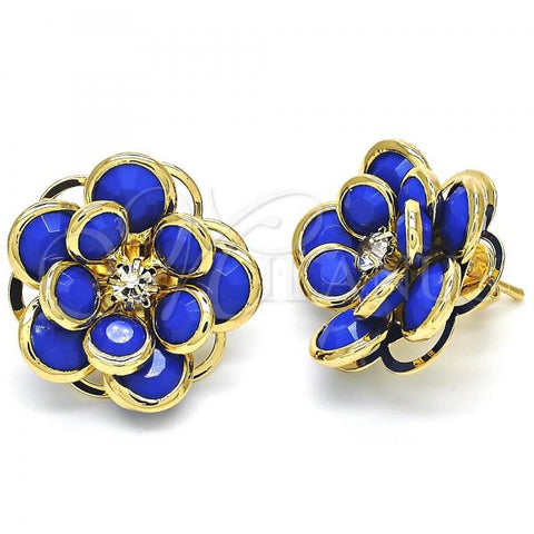 Oro Laminado Stud Earring, Gold Filled Style Flower Design, with Sapphire Blue and White Crystal, Polished, Golden Finish, 02.64.0641.1