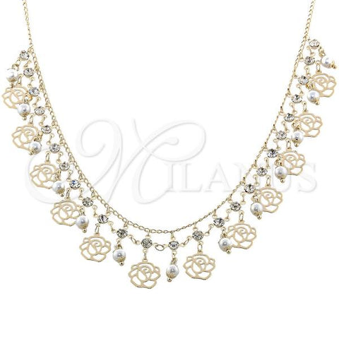 Oro Laminado Fancy Necklace, Gold Filled Style Ball and Flower Design, with White Cubic Zirconia and Gray Pearl, Polished, Golden Finish, 04.105.0012