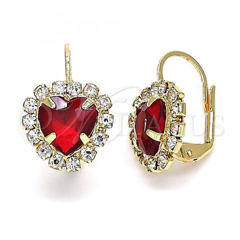 Oro Laminado Leverback Earring, Gold Filled Style Heart Design, with Garnet and White Crystal, Polished, Golden Finish, 02.122.0111