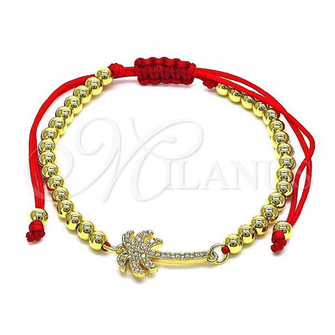 Oro Laminado Adjustable Bolo Bracelet, Gold Filled Style Palm Tree and Ball Design, with White Micro Pave, Polished, Golden Finish, 03.193.0009.11