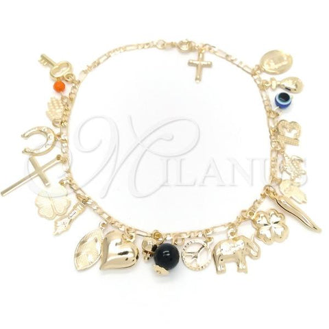 Oro Laminado Charm Anklet , Gold Filled Style Elephant and Heart Design, with Black Azavache, Polished, Golden Finish, 03.58.0069.10