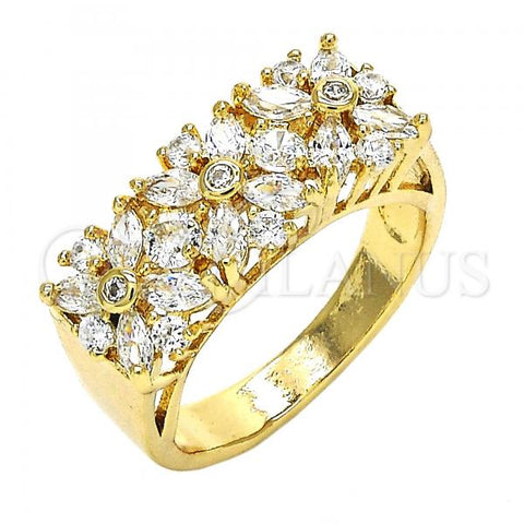 Oro Laminado Multi Stone Ring, Gold Filled Style Flower Design, with White Cubic Zirconia, Polished, Golden Finish, 01.210.0061.08 (Size 8)