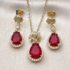 Oro Laminado Earring and Pendant Adult Set, Gold Filled Style Teardrop and Leaf Design, with Garnet Cubic Zirconia and White Micro Pave, Polished, Golden Finish, 10.196.0195.1
