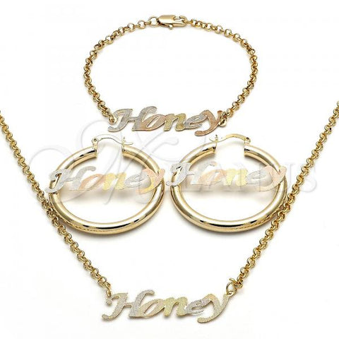 Oro Laminado Necklace, Bracelet and Earring, Gold Filled Style Polished, Tricolor, 06.63.0250.1