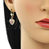 Oro Laminado Dangle Earring, Gold Filled Style Evil Eye and Heart Design, with White Crystal, Red Enamel Finish, Golden Finish, 02.380.0085