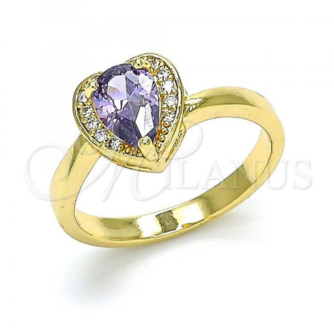 Oro Laminado Multi Stone Ring, Gold Filled Style Heart and Teardrop Design, with Amethyst and White Cubic Zirconia, Polished, Golden Finish, 01.210.0130.07