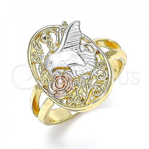 Oro Laminado Elegant Ring, Gold Filled Style Bird and Flower Design, Polished, Tricolor, 01.351.0012.08 (Size 8)