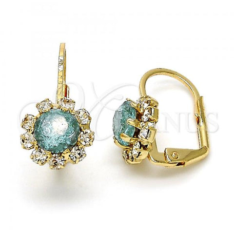 Oro Laminado Leverback Earring, Gold Filled Style Flower Design, with Aquamarine and White Crystal, Polished, Golden Finish, 02.122.0085.3