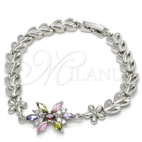 Rhodium Plated Fancy Bracelet, Flower and Heart Design, with Multicolor Cubic Zirconia, Polished, Rhodium Finish, 03.357.0002.07