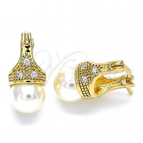 Oro Laminado Small Hoop, Gold Filled Style with Ivory Pearl and White Cubic Zirconia, Polished, Golden Finish, 02.210.0500.10