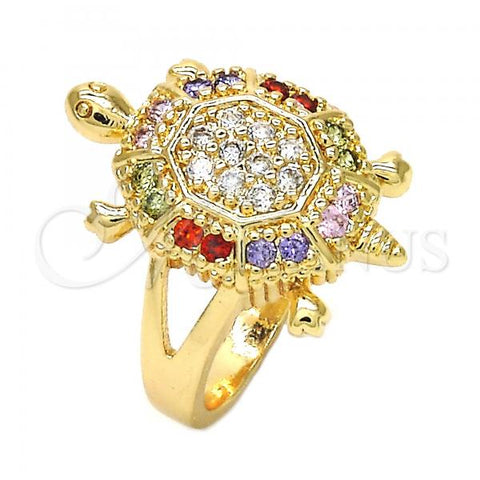 Oro Laminado Multi Stone Ring, Gold Filled Style Turtle Design, with Multicolor Cubic Zirconia, Polished, Golden Finish, 01.210.0063.1.09 (Size 9)