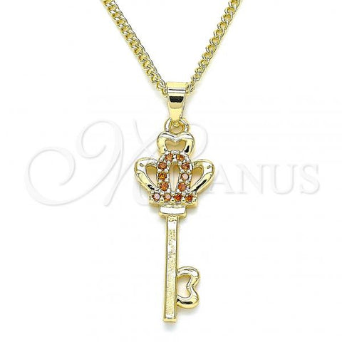 Oro Laminado Pendant Necklace, Gold Filled Style key and Crown Design, with Garnet Micro Pave, Polished, Golden Finish, 04.344.0014.1.20
