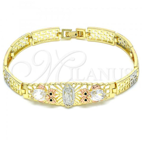 Oro Laminado Fancy Bracelet, Gold Filled Style Guadalupe and Owl Design, with White and Black Micro Pave, Polished, Tricolor, 03.380.0011.08