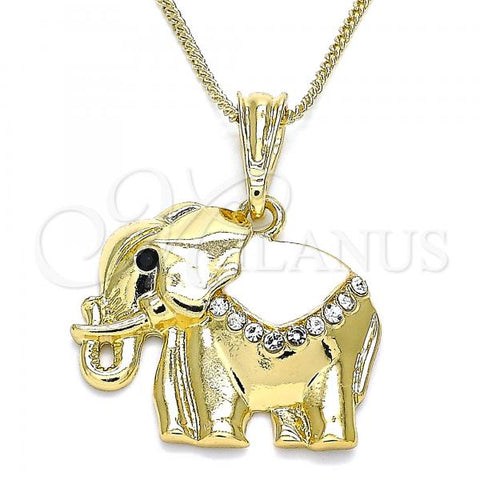 Oro Laminado Pendant Necklace, Gold Filled Style Elephant Design, with White and Black Crystal, White Enamel Finish, Golden Finish, 04.380.0025.3.20