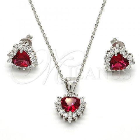 Sterling Silver Earring and Pendant Adult Set, Heart Design, with Garnet and White Cubic Zirconia, Polished, Rhodium Finish, 10.175.0058.2