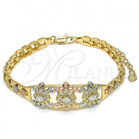 Oro Laminado Fancy Bracelet, Gold Filled Style Turtle and Flower Design, with White and Black Cubic Zirconia, Polished, Tricolor, 03.380.0095.07