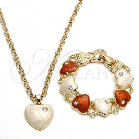 Oro Laminado Necklace and Bracelet, Gold Filled Style Rolo and Heart Design, with White Crystal, White Enamel Finish, Golden Finish, 06.63.0181.1