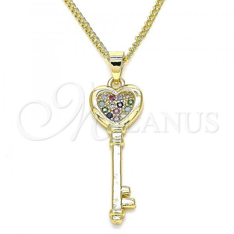 Oro Laminado Pendant Necklace, Gold Filled Style key and Heart Design, with Multicolor Micro Pave, Polished, Golden Finish, 04.344.0013.2.20