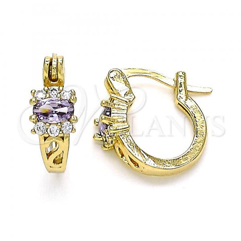 Oro Laminado Small Hoop, Gold Filled Style with Amethyst Cubic Zirconia and White Micro Pave, Polished, Golden Finish, 02.210.0498.3.12