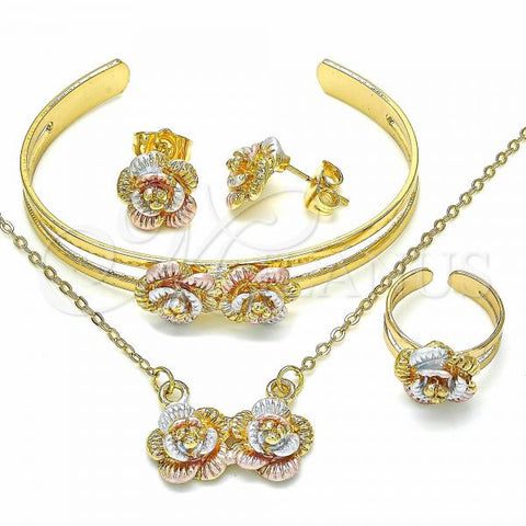 Oro Laminado Earring and Pendant Children Set, Gold Filled Style Flower Design, Polished, Tricolor, 06.361.0018