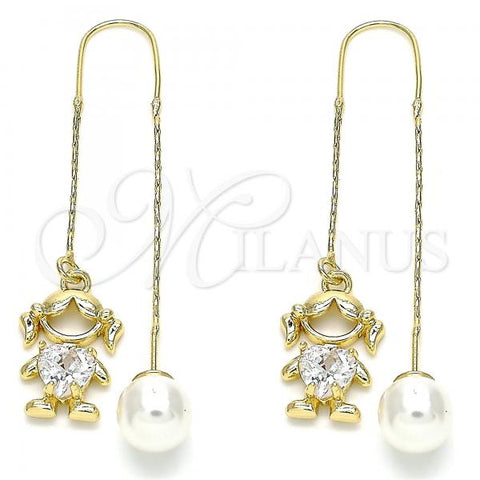 Oro Laminado Threader Earring, Gold Filled Style Little Girl and Heart Design, with White Cubic Zirconia, Polished, Golden Finish, 02.380.0025.2