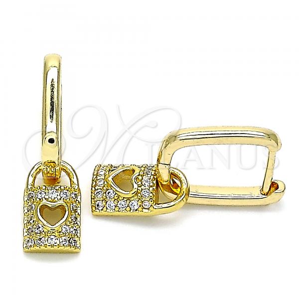 Oro Laminado Huggie Hoop, Gold Filled Style Lock and Heart Design, with White Micro Pave, Polished, Golden Finish, 02.381.0030.10