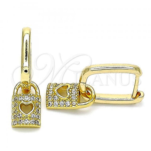 Oro Laminado Huggie Hoop, Gold Filled Style Lock and Heart Design, with White Micro Pave, Polished, Golden Finish, 02.381.0030.10