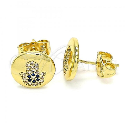 Oro Laminado Stud Earring, Gold Filled Style Hand of God Design, with Sapphire Blue and White Micro Pave, Polished, Golden Finish, 02.156.0554