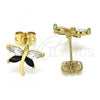 Oro Laminado Stud Earring, Gold Filled Style Dragon-Fly Design, with Black and White Cubic Zirconia, Polished, Golden Finish, 02.213.0070.2