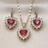 Oro Laminado Earring and Pendant Adult Set, Gold Filled Style Heart and Cluster Design, with Ruby and White Cubic Zirconia, Polished, Golden Finish, 10.196.0192.1