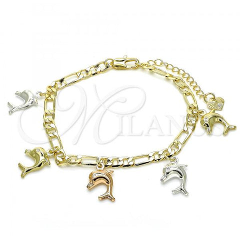 Oro Laminado Charm Bracelet, Gold Filled Style Dolphin Design, Polished, Tricolor, 03.351.0014.07