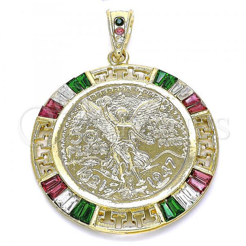 Oro Laminado Religious Pendant, Gold Filled Style Centenario Coin and Angel Design, with Multicolor Cubic Zirconia, Polished, Golden Finish, 05.351.0093